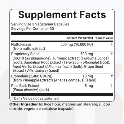 Supplement facts panel: nattokinase 500 mg 10,000 FU per 3 capsule serving