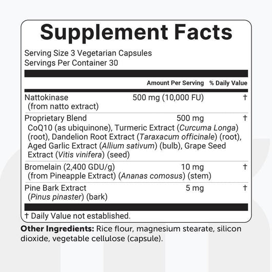 Supplement facts panel: nattokinase 500 mg 10,000 FU per 3 capsule serving